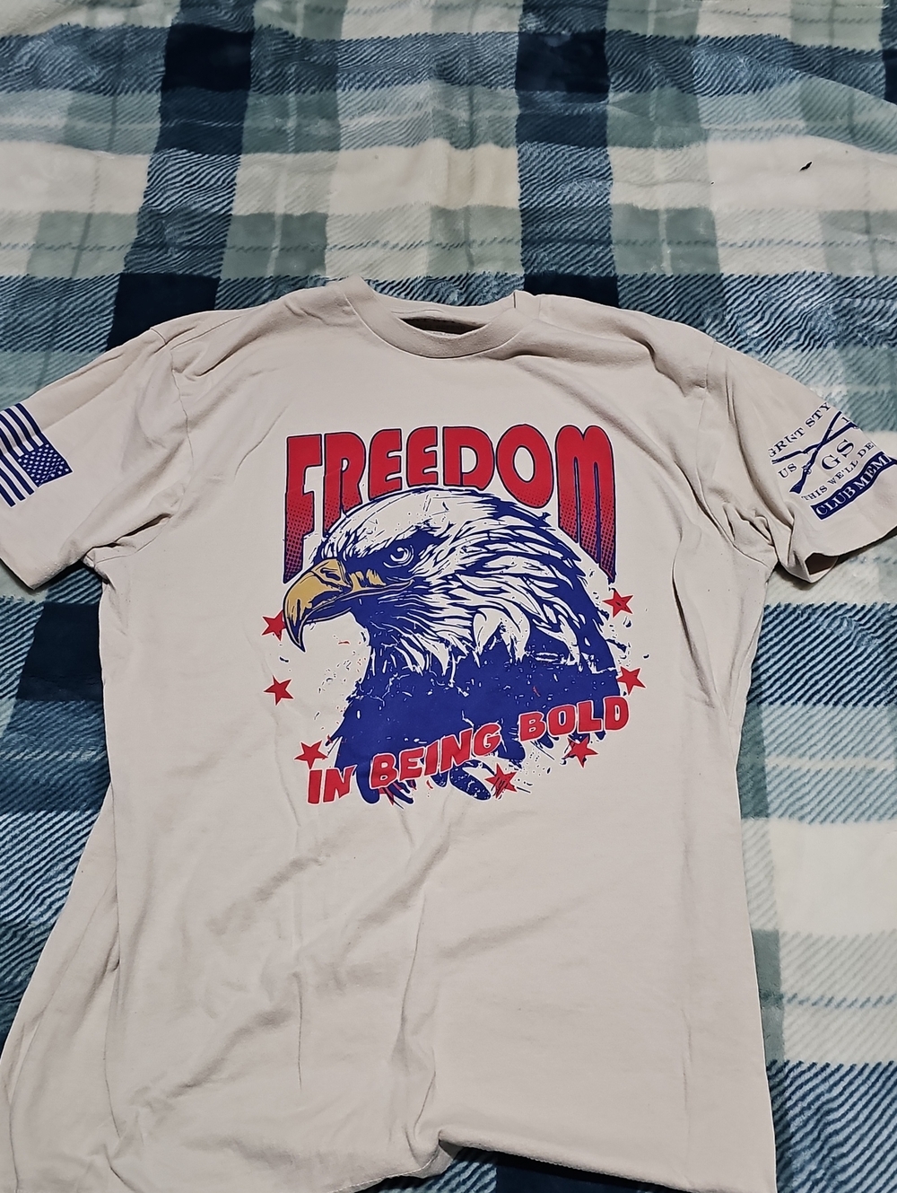 Grunt Style Cream Freedom Eagle Graphic Tee with Red and Blue Print